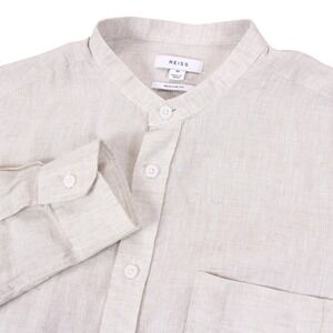 Reiss Ocean Linen Shirt Mens M Beige Band Collar Regular Fit